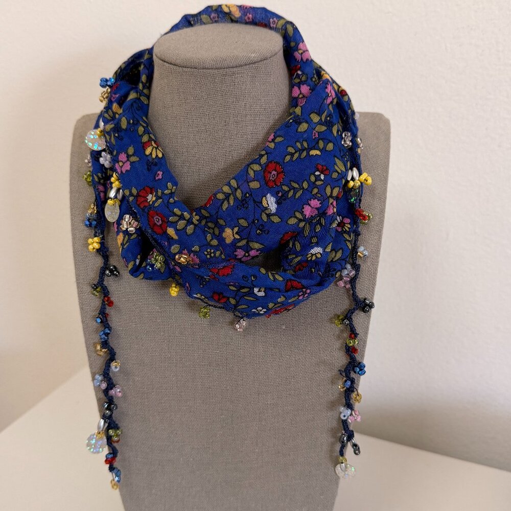 Traditional Turkish Oya Neck Bright Blue Scarf Bead & Needle Lace on Lawn Cotton